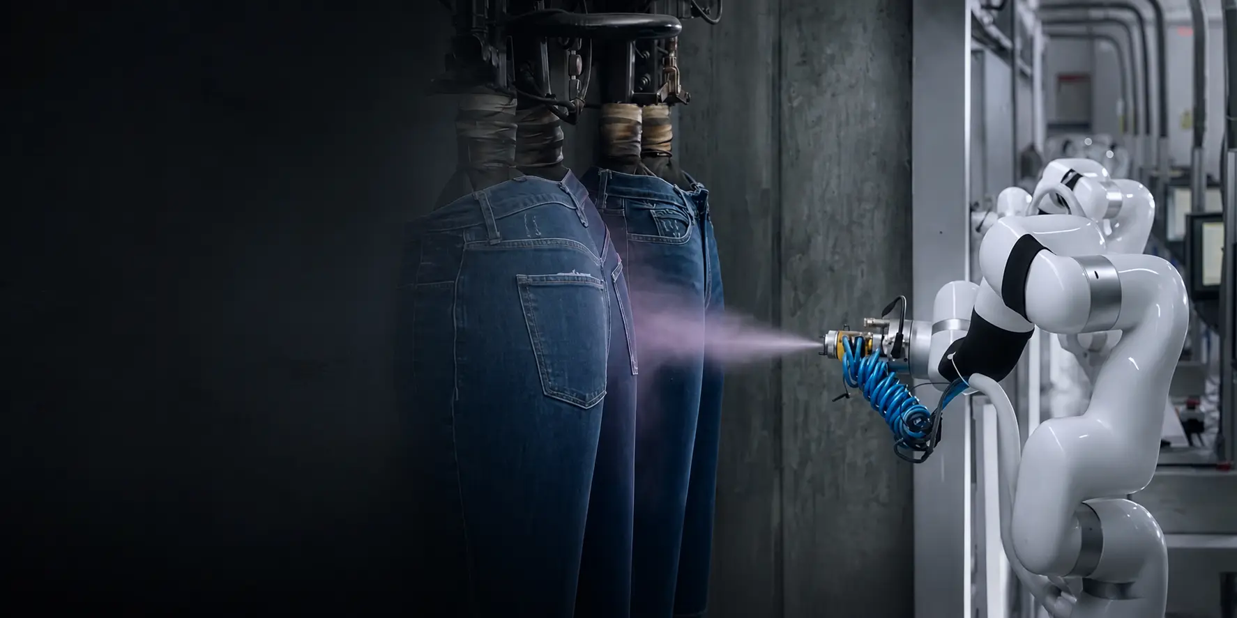 UFACTORY cobot with a spray gun applying finish to jeans hanging on an automated denim spraying line