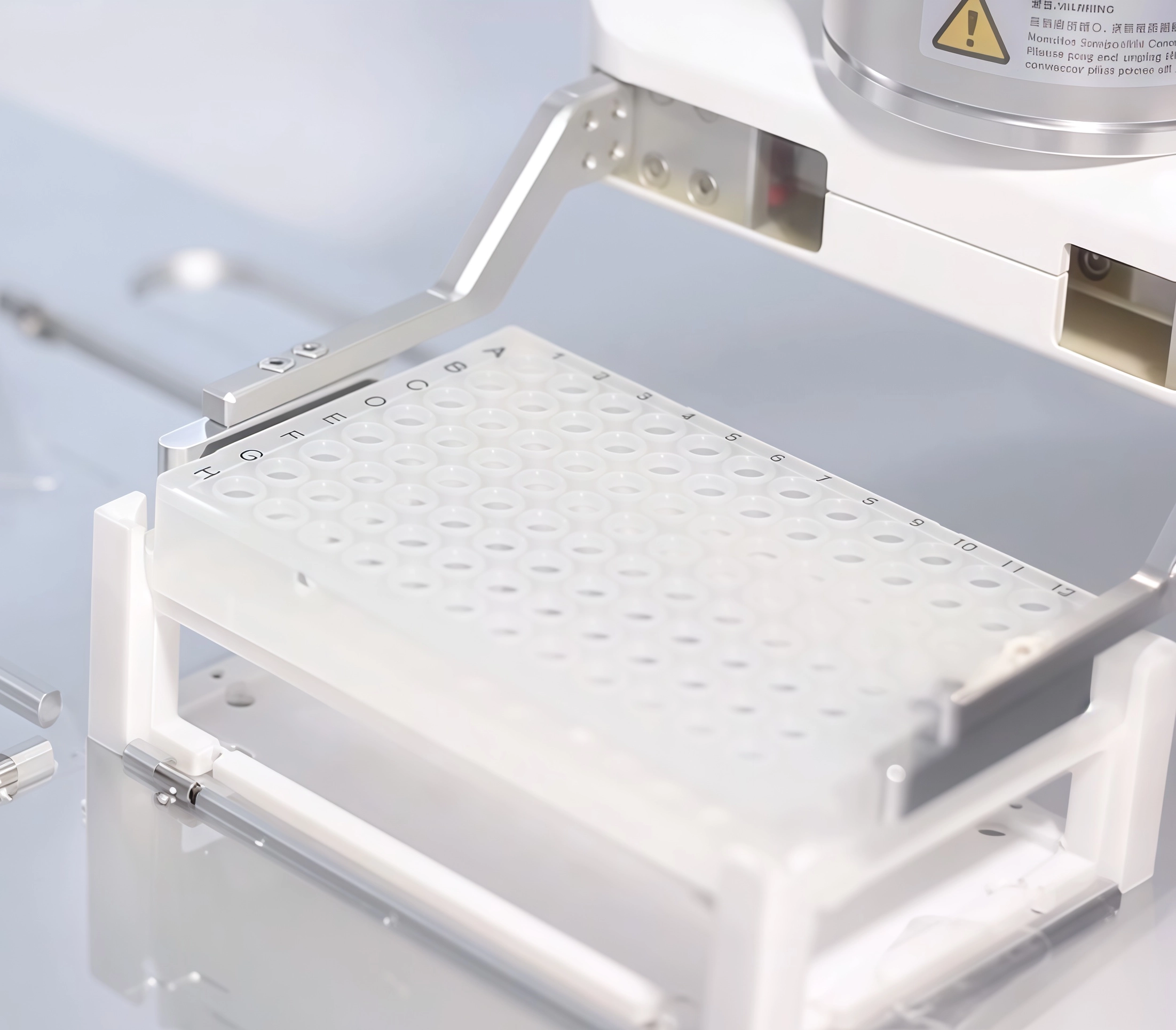 Close-up of a BIO gripper positioning a 96-well microplate in a laboratory automation setup