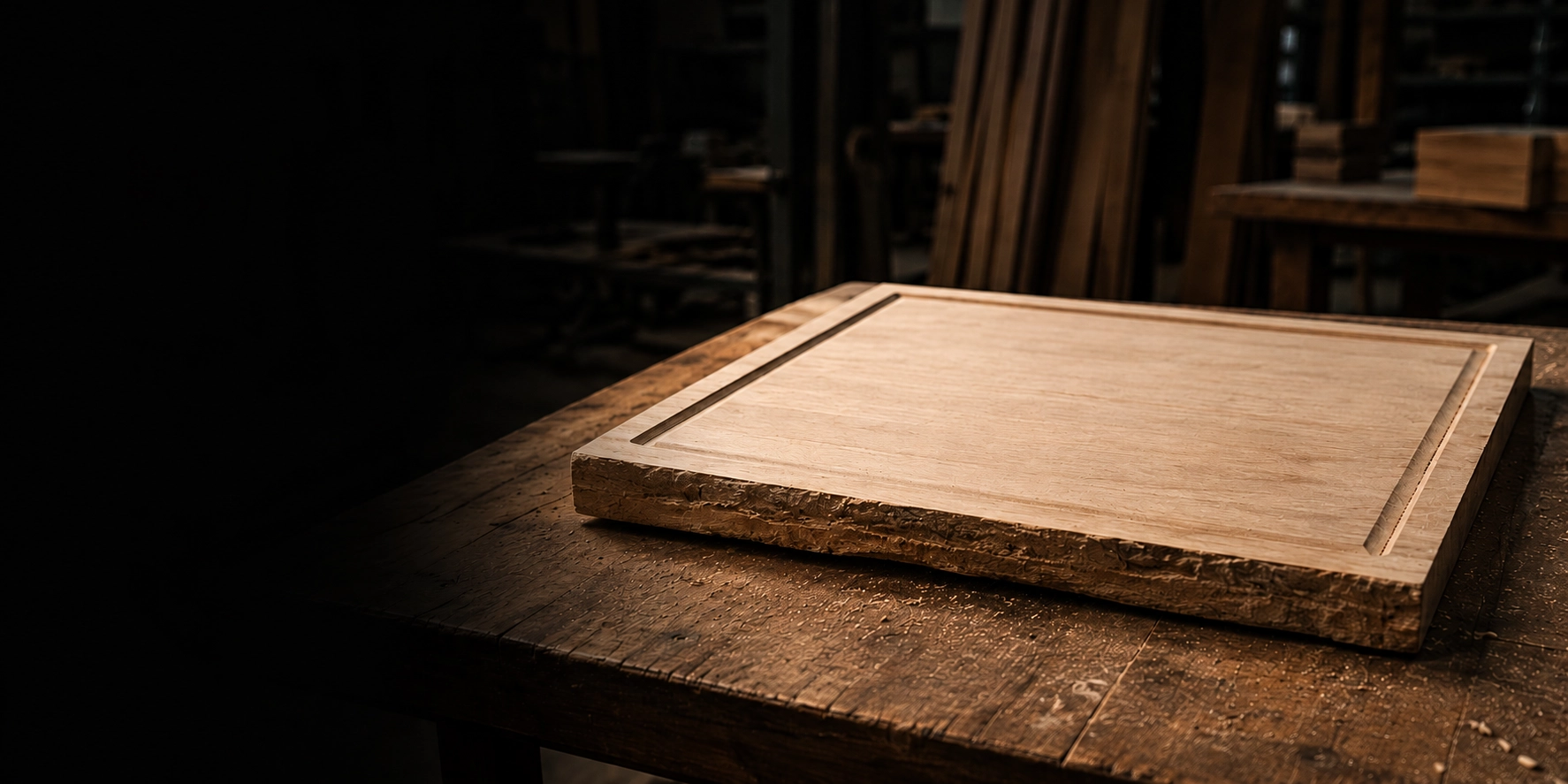 Sanded wooden board with a smooth surface and routed groove on a workshop bench