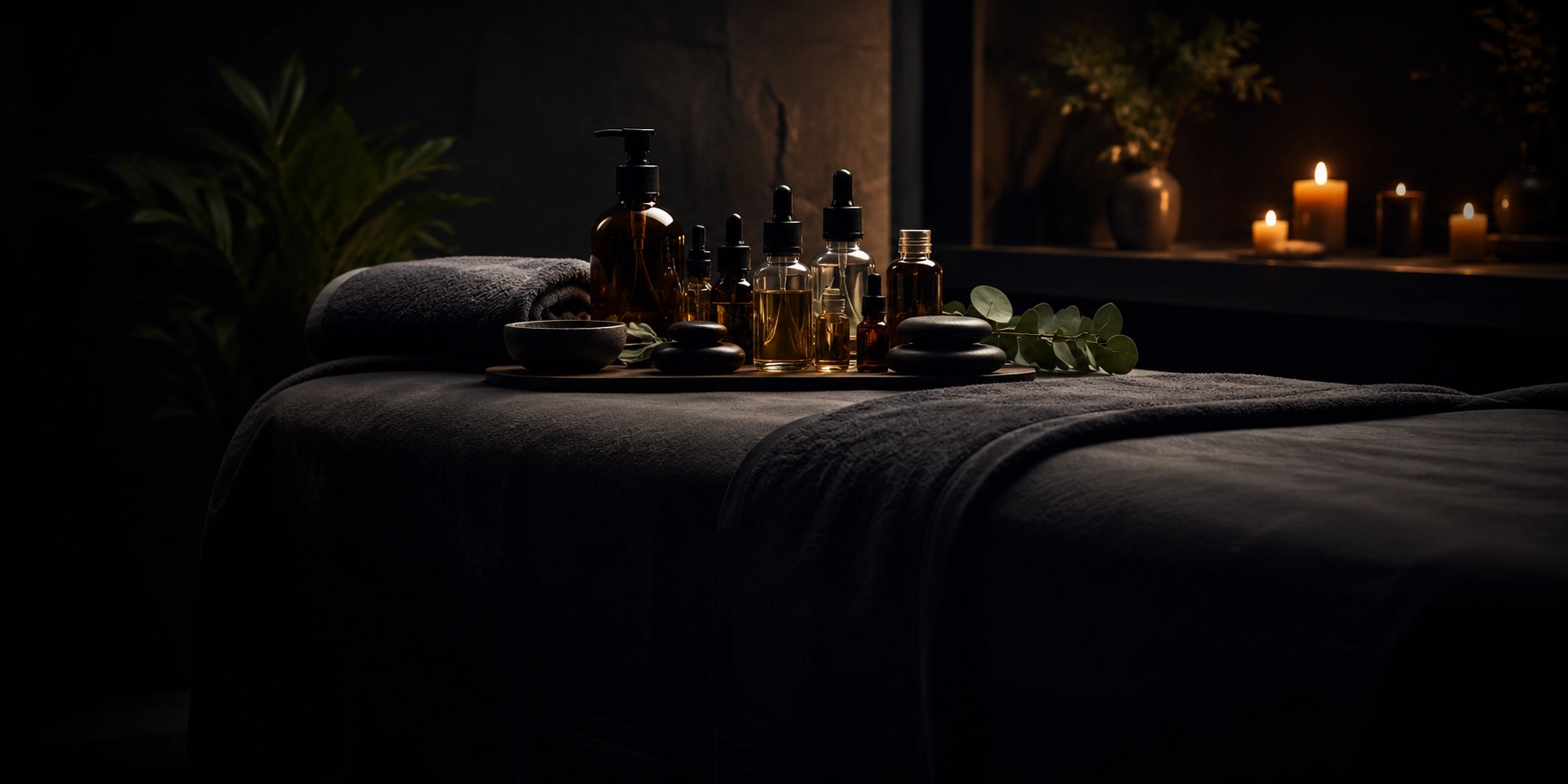 Massage table with essential oil bottles, hot stones, and towels in a spa room