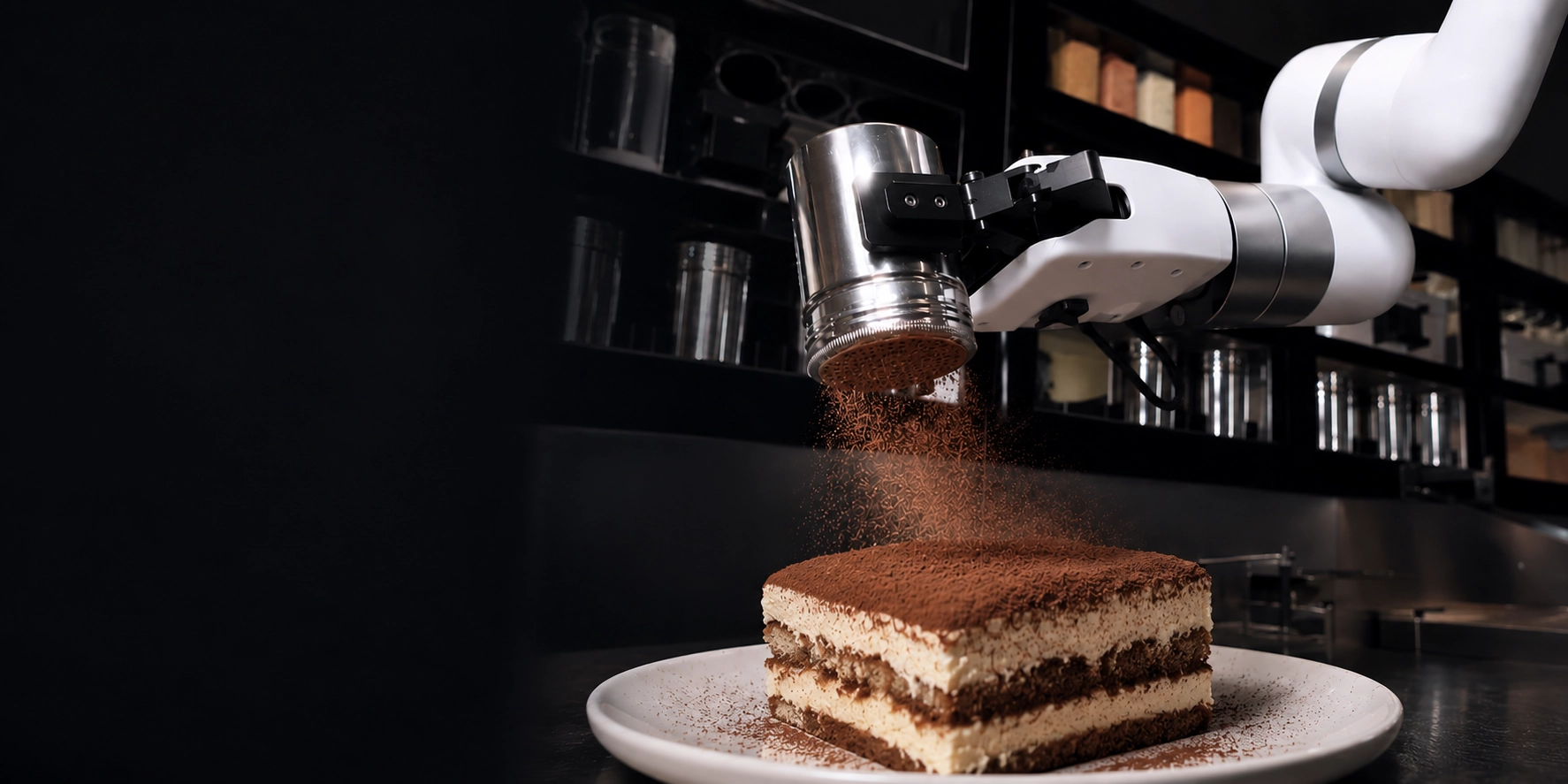 UFACTORY cobot dusting cocoa powder over a tiramisu