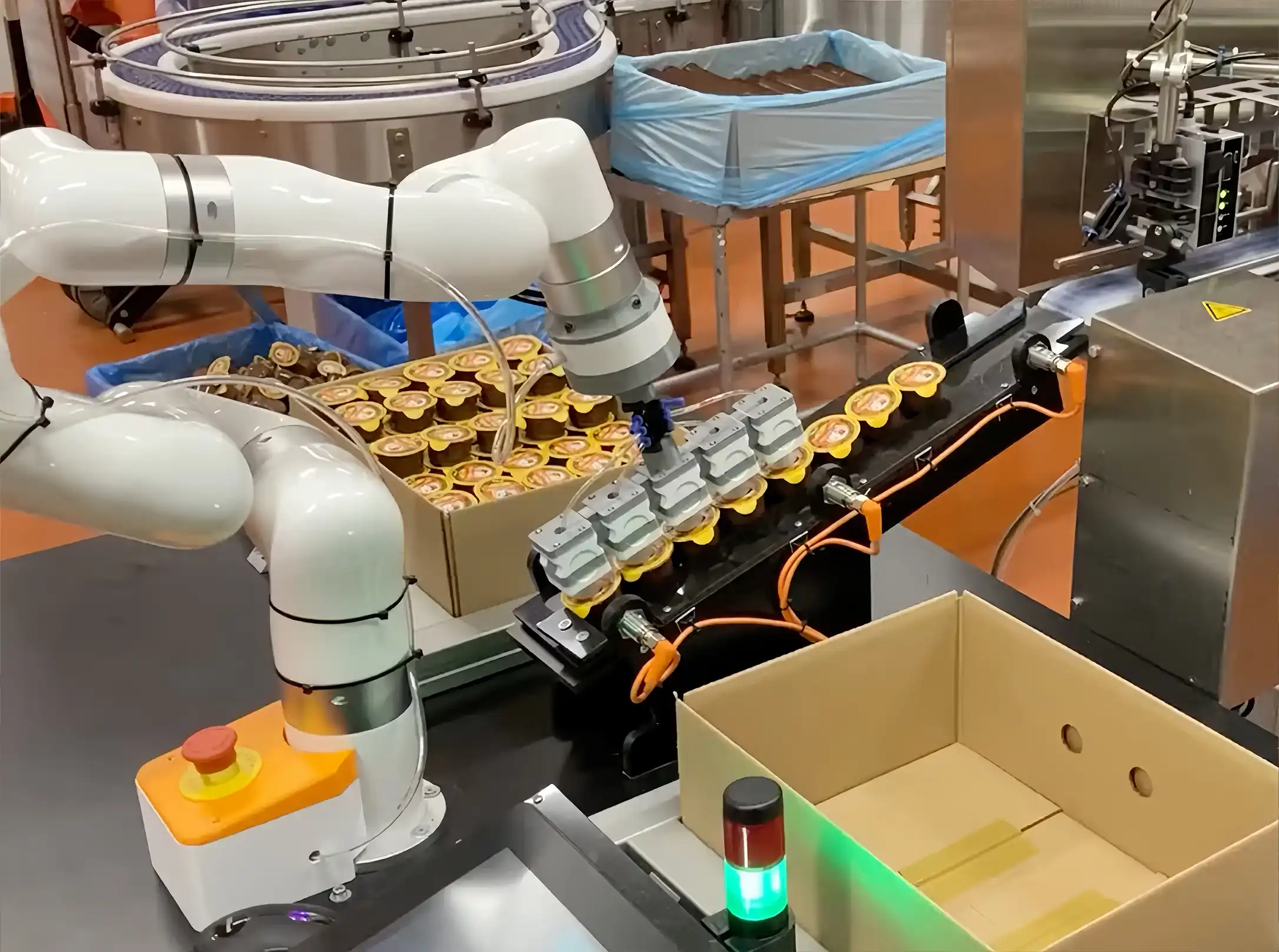 UFACTORY xArm collaborative robot picking up packaged food products from a moving conveyor in a compact case packing cell