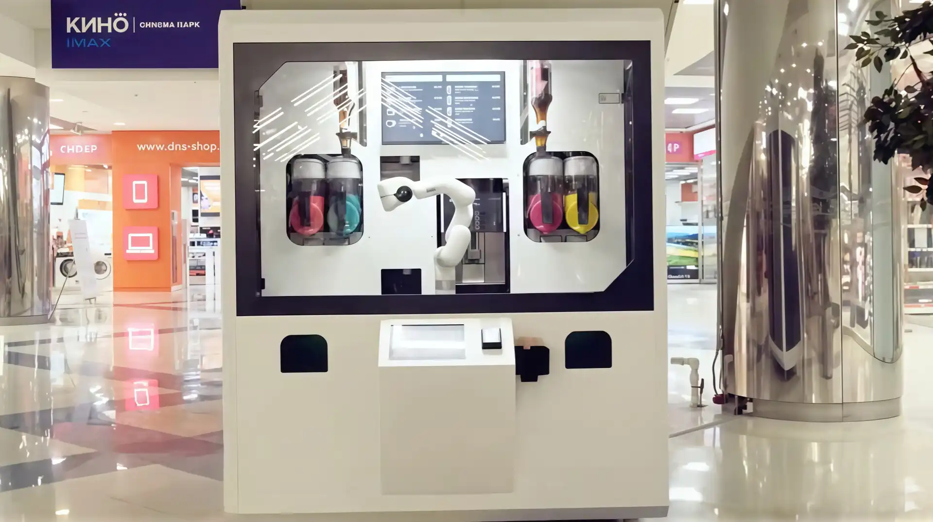 Robot coffee kiosk powered by a UFACTORY xArm cobot, installed in a shopping mall with a touchscreen ordering panel