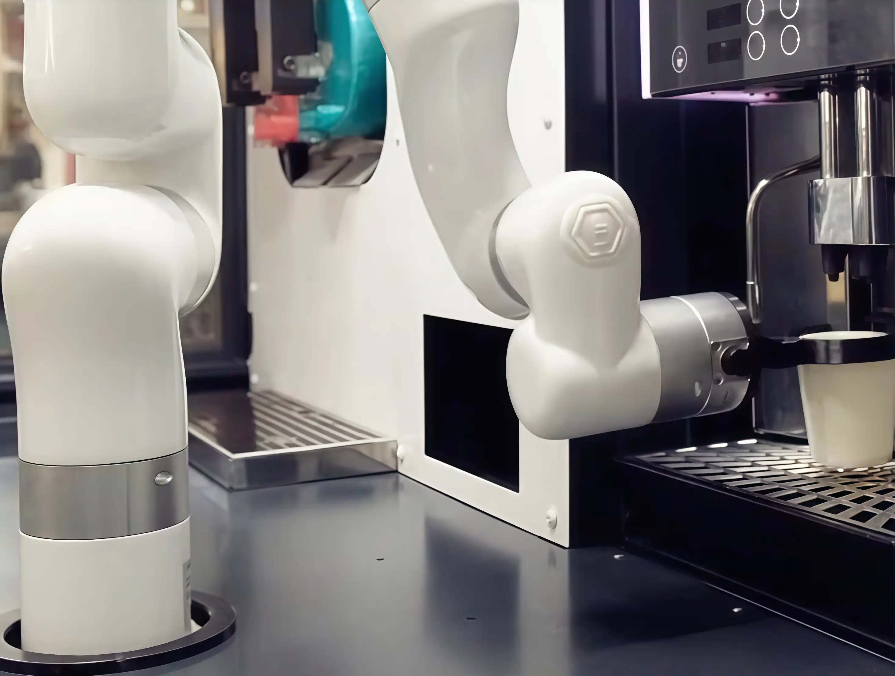 Close-up of the UFACTORY xArm cobot placing a cup under an automatic espresso machine to brew coffee