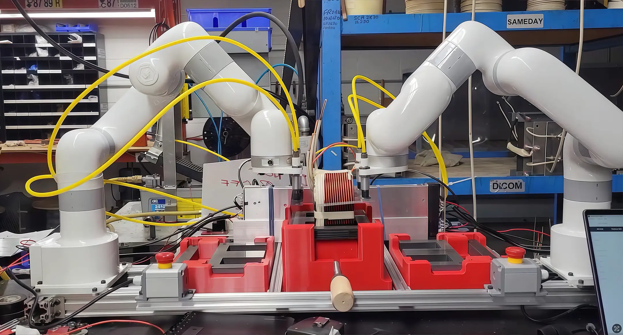 Two UFACTORY Lite 6 cobots working in sync on an assembly workbench
