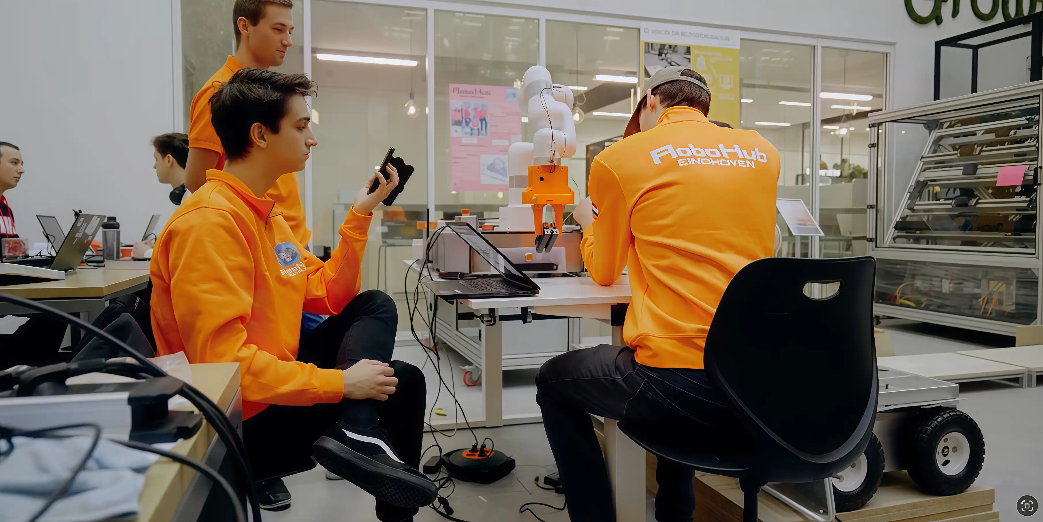 RoboHub Eindhoven团队成员在工作区内协同工作