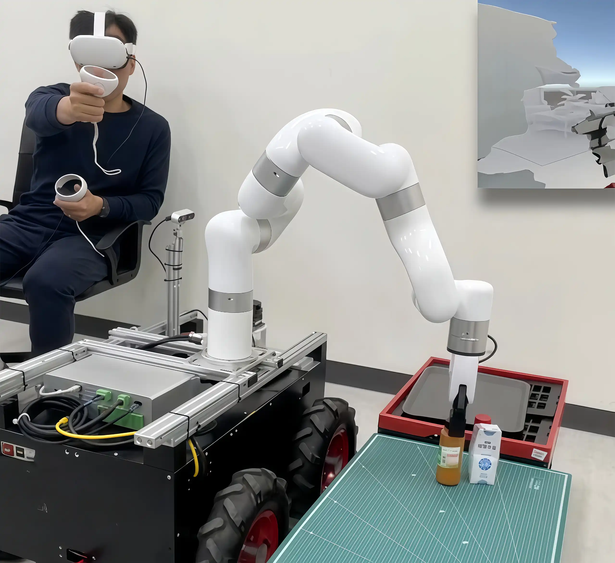 操作员通过VR遥操作安装在移动机器人上的xArm，抓取桌面上的瓶装物品
