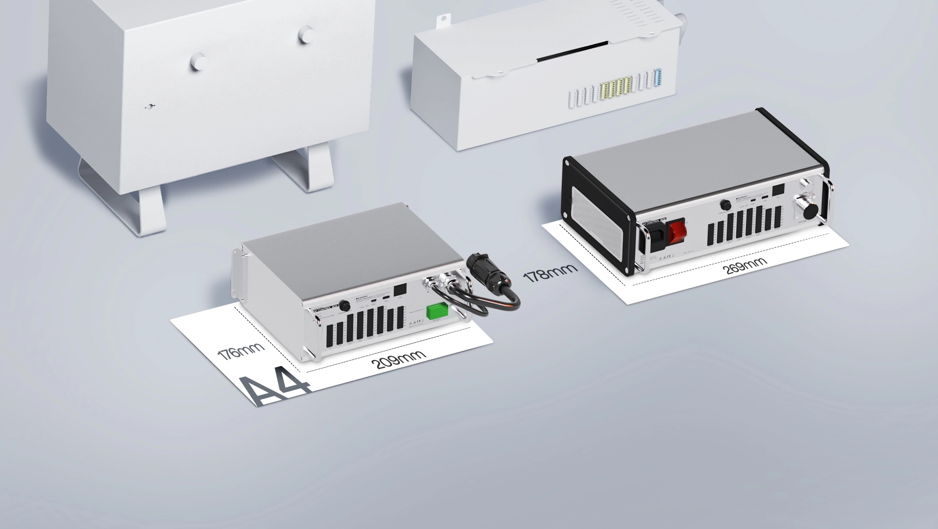 UFACTORY xArm DC and AC control boxes shown next to an A4 sheet for size comparison