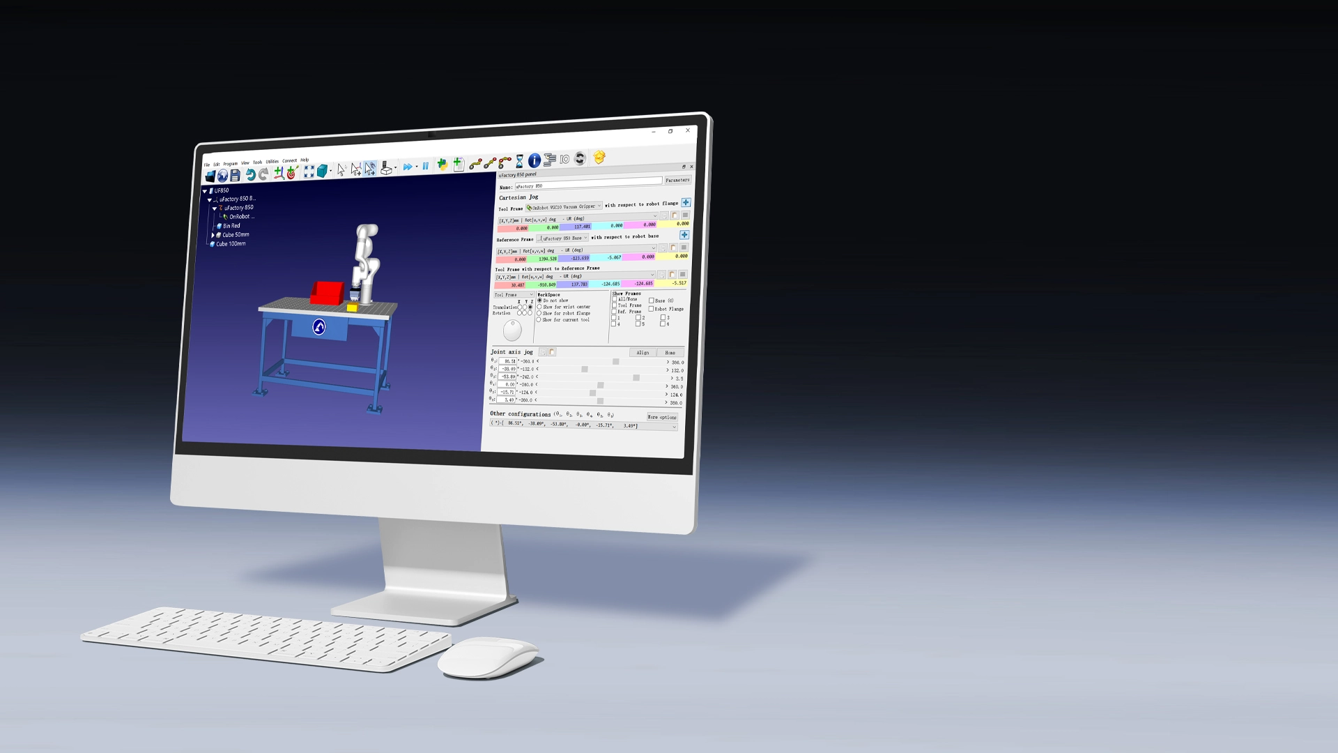UFACTORY 850 simulated in RoboDK with a vacuum gripper picking parts from a workbench.